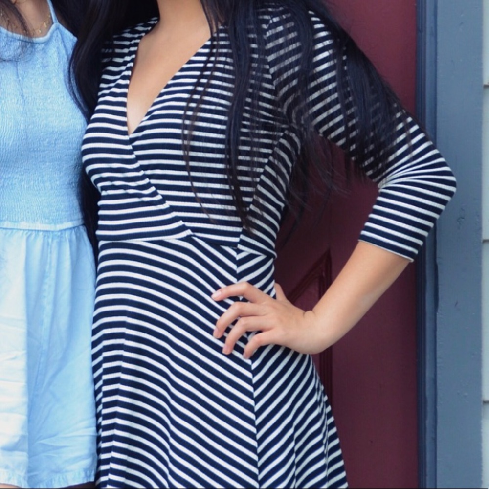 Black and white striped wrap dress 3/4 sleeve